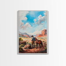Load image into Gallery viewer, Cowboy and Horse Desert Scene Art - Framed Canvas Print, Western Living Room Decor, Cowboy Wall Art, Desert Home Decoration
