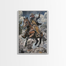 Load image into Gallery viewer, Framed Canvas Print, Cowboy Riding Horse with Gun Wall Art, Western Style Artwork for Living Room or Bedroom Decor, Dynamic Home Art Piece
