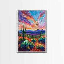 Load image into Gallery viewer, Framed Canvas Print, Cacti and Mountains at Sunset Wall Art, Vibrant Southwest Decor for Living Room or Bedroom, Nature Art Decoration Piece

