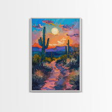 Load image into Gallery viewer, Framed Canvas Print, Colorful Desert Sunset with Cacti Wall Art, Southwest Landscape for Living Room or Bedroom, Vibrant Wall Art Piece
