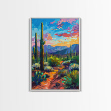Load image into Gallery viewer, Framed Canvas Print, Cactus and Desert Path Wall Art, Vibrant Southwest Landscape for Living Room or Bedroom, Nature Art Poster Piece
