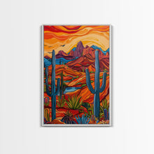 Load image into Gallery viewer, Framed Canvas Print, Bright Desert Landscape with Cacti and Mountains, Perfect Wall Art for Living Room or Bedroom
