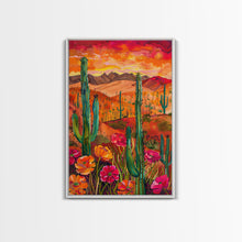 Carregar imagem no visualizador da galeria, Framed Canvas Print, Vibrant Desert Landscape with Flowers and Cacti, Perfect Wall Art for Living Room or Bedroom Decor
