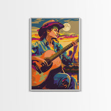 Load image into Gallery viewer, Country Cowboy playing guitar under a colorful sunset, pop art style Framed Canvas Print - music decor, country music art, vibrant wall art
