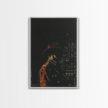 Load image into Gallery viewer, Cowboy in the City Night Print - Framed Canvas Wall Art, Urban Western Decor, City Cowboy Artwork for Living Room, Modern Western Art
