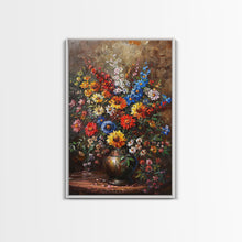 Load image into Gallery viewer, Bold Flower Bouquet Art on Dark Background - Framed Canvas Print, Vibrant Floral Wall Art for Living Room, Modern Artwork, Flower Decor
