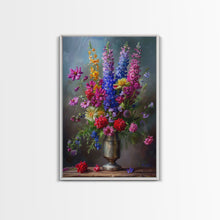 Load image into Gallery viewer, Dramatic Floral Vase Art on Rich Background - Framed Canvas Print, Bold Flower Decor for Living Room, Botanical Artwork, Floral Wall Art
