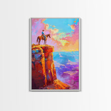 Load image into Gallery viewer, Cowboy on Cliff Edge at Sunset - Colorful Western Landscape Painting, Sunset Wall Art, Living Room Decor, Cowboy Canvas Print
