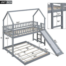 Load image into Gallery viewer, Twin over Full House Bunk Bed with Slide and Built-in Ladder, Full-Length Guardrail, Gray
