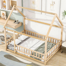Load image into Gallery viewer, Full Size Floor Wooden Bed with House Roof Frame, Fence Guardrails, Natural
