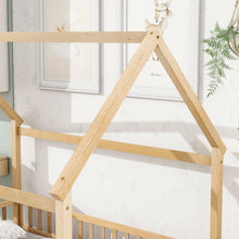Load image into Gallery viewer, Full Size Floor Wooden Bed with House Roof Frame, Fence Guardrails, Natural
