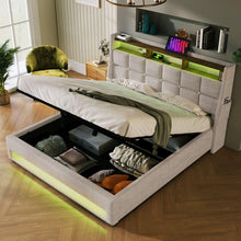 Carregar imagem no visualizador da galeria, Full size Upholstered Platform bed with a Hydraulic Storage System, LED and USB Charging, Natural (without mattress)
