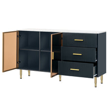 Load image into Gallery viewer, Modern Sideboard MDF Buffet Cabinet Marble Sticker Tabletop and Amber-yellow Tempered Glass Doors with Gold Metal Legs &amp; Handles (Navy Blue)
