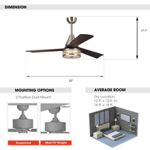 Cargar imagen en el visor de la galería, 52&quot; Farmhouse Satin Nickel Downrod Mount Reversible Crystal Ceiling Fan with Lighting and Remote Control
