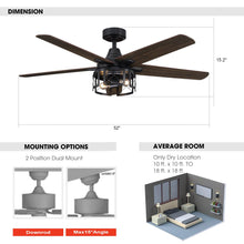 Cargar imagen en el visor de la galería, 52&quot; Kolkata Industrial Downrod Mount Reversible Ceiling Fan with Lighting and Remote Control
