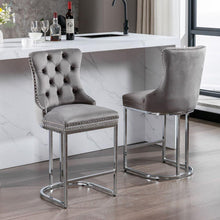 Cargar imagen en el visor de la galería, 26&quot; Counter Height Bar Stools Set of 2, Modern Velvet Barstools with Button Back&amp;Rivet Trim Upholstered Kitchen Island Chairs with Sturdy Chromed Metal Base Legs Farmhouse Bar Stools, (Gray, 2 Pack)
