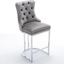 Cargar imagen en el visor de la galería, 26&quot; Counter Height Bar Stools Set of 2, Modern Velvet Barstools with Button Back&amp;Rivet Trim Upholstered Kitchen Island Chairs with Sturdy Chromed Metal Base Legs Farmhouse Bar Stools, (Gray, 2 Pack)
