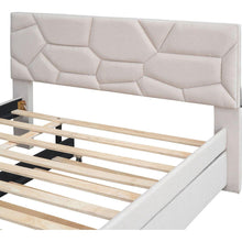 Carregar imagem no visualizador da galeria, Full Size Upholstered Platform Bed with Brick Pattern Headboard and Twin Size Trundle, Linen Fabric, Beige
