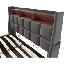 Carregar imagem no visualizador da galeria, Full size Upholstered Platform bed with a Hydraulic Storage System, LED and USB Charging, Grey (without mattress)
