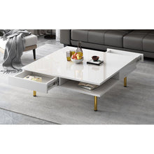 Carregar imagem no visualizador da galeria, Exquisite High Gloss Coffee Table with 4 Golden Legs and 2 Small Drawers, 2-Tier Square Center Table for Living Room, White
