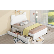 Load image into Gallery viewer, Full Size Upholstered Platform Bed with Cartoon Ears Shaped Headboard and 2 Drawers, White
