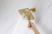 Cargar imagen en el visor de la galería, 12-Inch Brushed Gold Flush Mount Shower Faucet Set: 3-Way Thermostatic Control, 64-Color LED Lights, Bluetooth Music, and Regular Head
