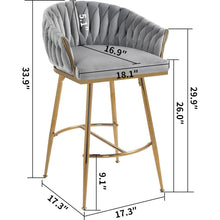 Carregar imagem no visualizador da galeria, 26&quot; Counter height bar stools Set of 2,velvet kitchen island counter bar stool with hand- wave back,golden chromed base and foot rest(GREY)
