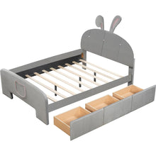 Load image into Gallery viewer, Full Size Velvet Platform Bed with Rabbit-Shaped Headboard, with Drawers, with Bed-End Storage Pocket, Gray
