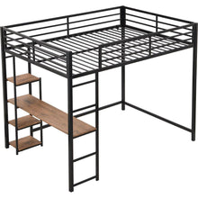 Load image into Gallery viewer, Full Size Metal Loft Bed with Built-in Desk and Storage Shelves, Black
