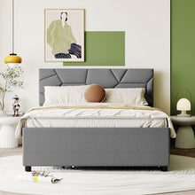 Carregar imagem no visualizador da galeria, Full Size Upholstered Platform Bed with Brick Pattern Headboard and Twin Size Trundle, Linen Fabric, Gray
