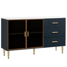 Load image into Gallery viewer, Modern Sideboard MDF Buffet Cabinet Marble Sticker Tabletop and Amber-yellow Tempered Glass Doors with Gold Metal Legs &amp; Handles (Navy Blue)
