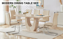 Load image into Gallery viewer, Table and chair set.Modern minimalist luxury MDF rectangular dining table with light yellow textured stickers on the table, 6 PU synthetic leather high backrest soft cushioned side chairs.
