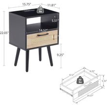 Load image into Gallery viewer, 15.75&quot; Rattan End table with Power Outlet &amp; USB Ports, Modern nightstand with drawer and solid wood legs, side table for living roon, bedroom, black
