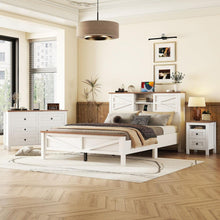 Carregar imagem no visualizador da galeria, 3-Pieces Bedroom Sets Queen Size Farmhouse Platform Bed with Double Sliding Door Storage Headboard, Storage Nightstand and Dresser, White+Brown
