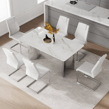 Carregar imagem no visualizador da galeria, Table and chair set, modern and minimalist dining table. Imitation marble glass sticker desktop, stainless steel legs, stable and beautiful. Comfortable PU seats. DT-69
