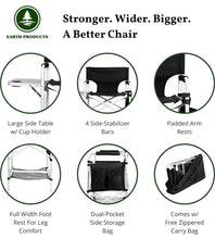 Cargar imagen en el visor de la galería, Earth Products Executive VIP Tall Directors Chair with Folding Side Table, Foldable, Zippered Carry Bag, 31&quot; Seat Height, Lightweight, 375LBS Max Load
