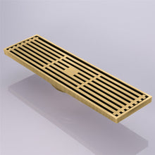 Load image into Gallery viewer, 12-Inch Brushed Gold Rectangular Floor Drain - Square Hole Pattern Cover Grate - Removable - Includes Accessories
