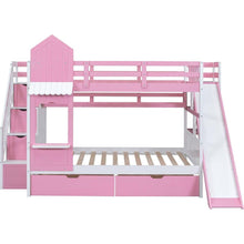 Carregar imagem no visualizador da galeria, Full-Over-Full Castle Style Bunk Bed with 2 Drawers 3 Shelves and Slide - Pink
