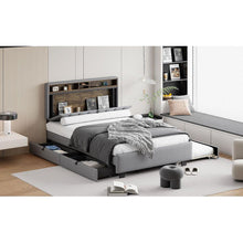 Load image into Gallery viewer, Full size Upholstered Platform Bed with Storage Headboard, Twin Size Trundle &amp; 2 drawers and a set of Sockets &amp; USB Ports, Linen Fabric, Gray
