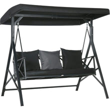 Carregar imagem no visualizador da galeria, 3-Seat Patio Swing Chair, Porch Swing Glider with Cushion, 3 Throw Pillows &amp; Adjustable Canopy for Porch, Garden, Poolside, Backyard, Black
