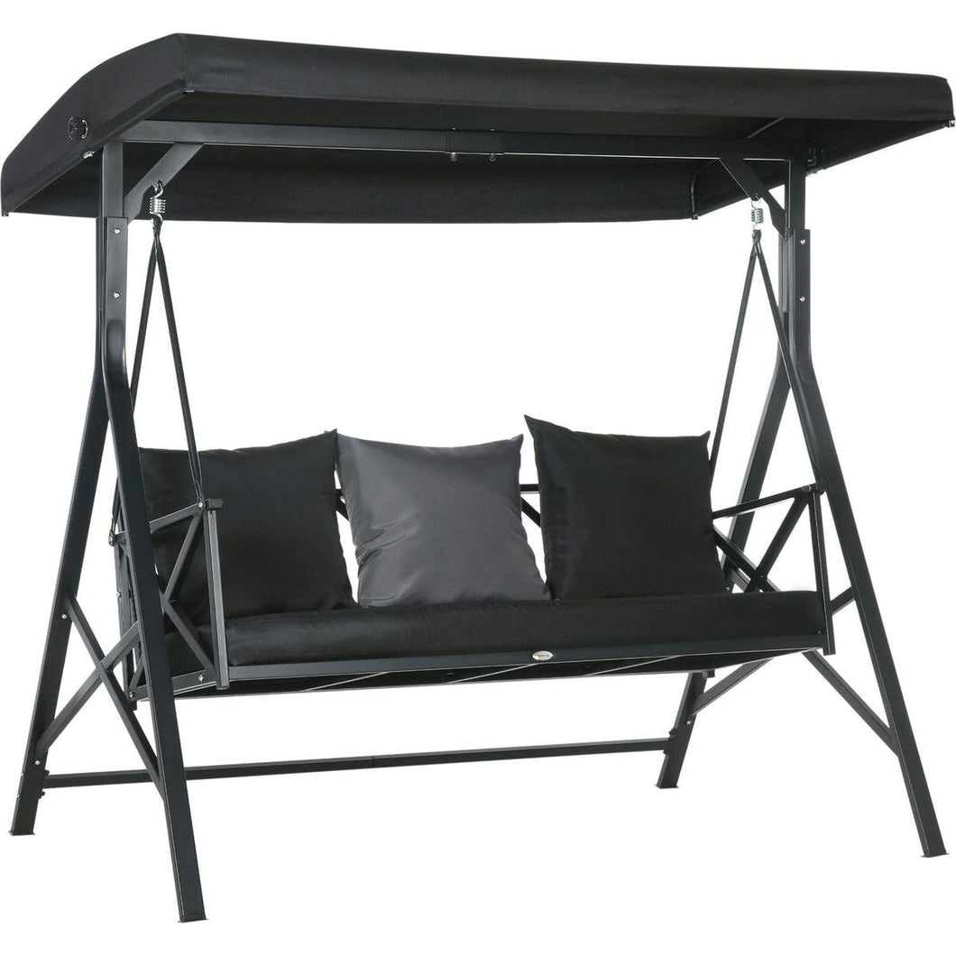 3-Seat Patio Swing Chair, Porch Swing Glider with Cushion, 3 Throw Pillows & Adjustable Canopy for Porch, Garden, Poolside, Backyard, Black