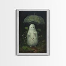 Carregar imagem no visualizador da galeria, Ghost Holding an Umbrella In The Rain, Vintage Halloween Canvas Print, Framed Canvas, Halloween Wall Art, Dark Academia, Spooky Haunted
