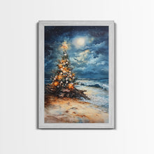 Load image into Gallery viewer, Christmas Tree On The Beach, Framed Canvas Print, gallery wall, Christmas Poster, Xmas Prints
