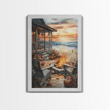 Carregar imagem no visualizador da galeria, Beach Campfire On The Fall, Framed Canvas Print, Boho Beach Art Nautical Decor, Modern Christmas / Thanksgiving Gift Wall Art
