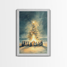 Cargar imagen en el visor de la galería, Christmas Beach Bonfire Framed Canvas Print, Christmas Painting Wall Art, Christmas Handmade Art, Best Gift Christmas Decor
