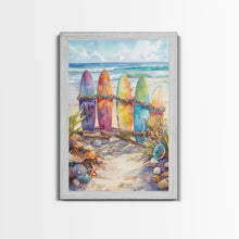 Cargar imagen en el visor de la galería, Christmas Surfboards On A Snowy Beach, Framed Canvas Print, Tropical / Nautical Christmas Art or Gift Idea, Christmas Poster
