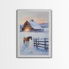 Cargar imagen en el visor de la galería, Christmas On The Farm, Winter Wall Art Framed Canvas Print, Gift Idea, Seasonal Decor, Barn Painting, Farmhouse Art
