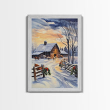 Cargar imagen en el visor de la galería, Christmas On The Farm, Winter Wall Art Framed Canvas Print, Gift Idea, Seasonal Decor, Barn Painting, Farmhouse Art
