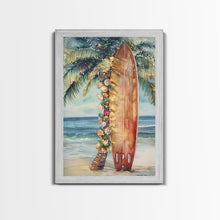 Cargar imagen en el visor de la galería, Surfboard Art Framed Canvas Print, Tropical Christmas Decor, Xmas Art, Christmas 2024 Gift Idea For Her
