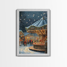 Cargar imagen en el visor de la galería, Christmas Carousel at a Snowy Night Market with Festive Lights and Ornaments, Framed Canvas Print for Christmas Wall Decor
